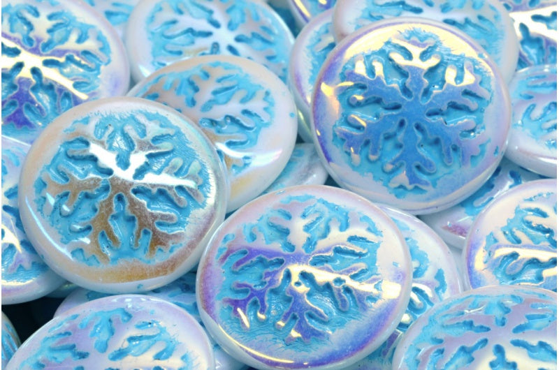 OUTLET 10 grams Snowflake Cabochon Beads, White Ab Light Blue Lined (02010-28701-54308), Glass, Czech Republic
