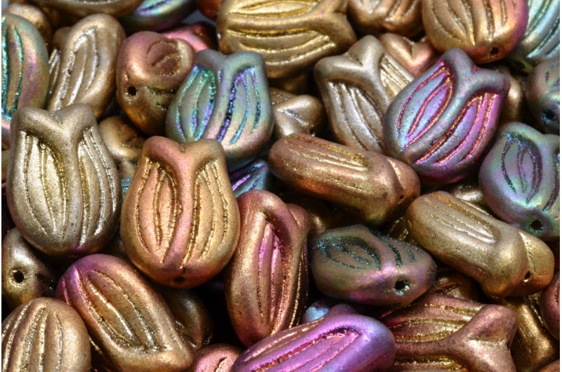 Tulip Beads, Crystal Yellow Gold Metallic Iris (00030-01620), Glass, Czech Republic