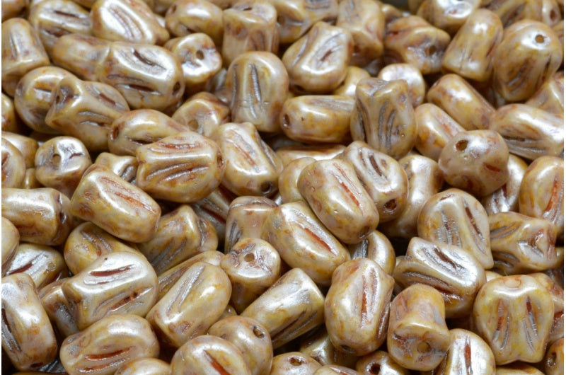 Mini Tulip Beads, White Cream Luster Spotted (02010-65321), Glass, Czech Republic