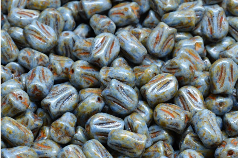 Mini Tulip Beads, White Green Luster Spotted (02010-65325), Glass, Czech Republic