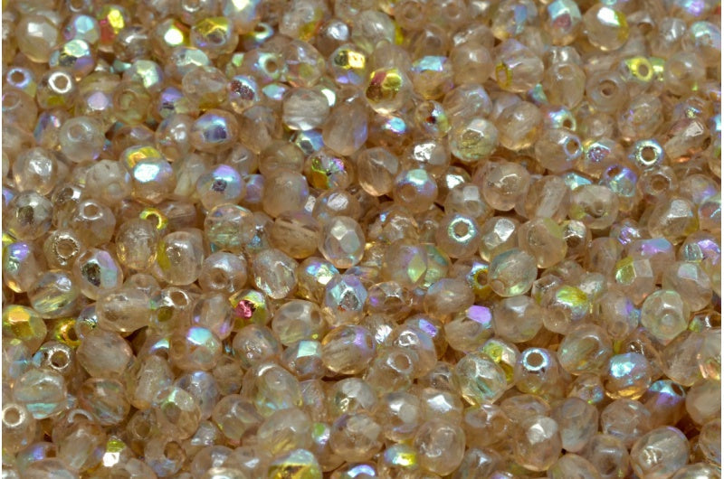 OUTLET 10 grams Faceted Fire Polished Cathedral Beads, 4 x 4 mm, Crystal Etched Beige AB (00030-ETCH-98534), Glass, Czech Republic