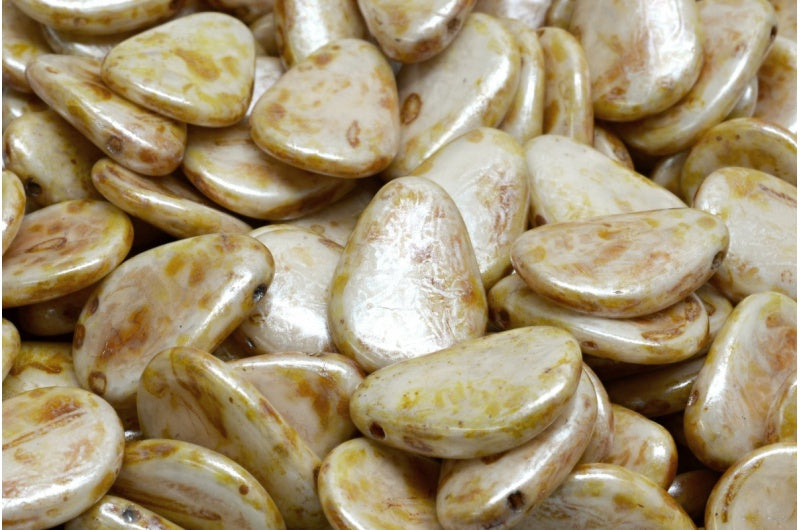 アネモネの花びらビーズ、ホワイトクリームラスタースポット(02010-65321)、ガラス、チェコ共和国