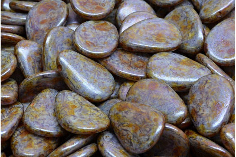 アネモネの花びらビーズ、白紫茶色光沢斑点(02010-65329)、ガラス、チェコ共和国