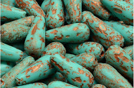 OUTLET 10 克水滴珠,20 x 9 毫米,绿松石蚀刻铜衬里 (63130-ETCH-54319),玻璃,捷克共和国