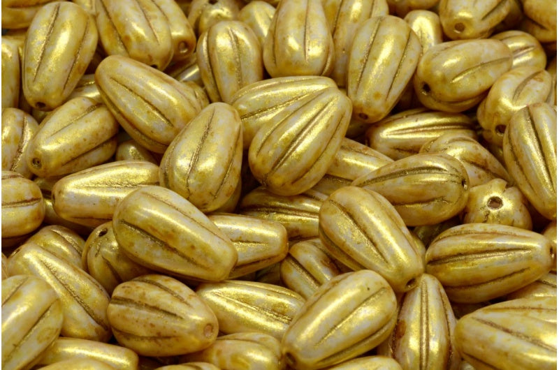 ドロップメロンビーズ、ホワイトゴールドラスター、スポットゴールドライン(02010-65322-54302)、ガラス、チェコ共和国