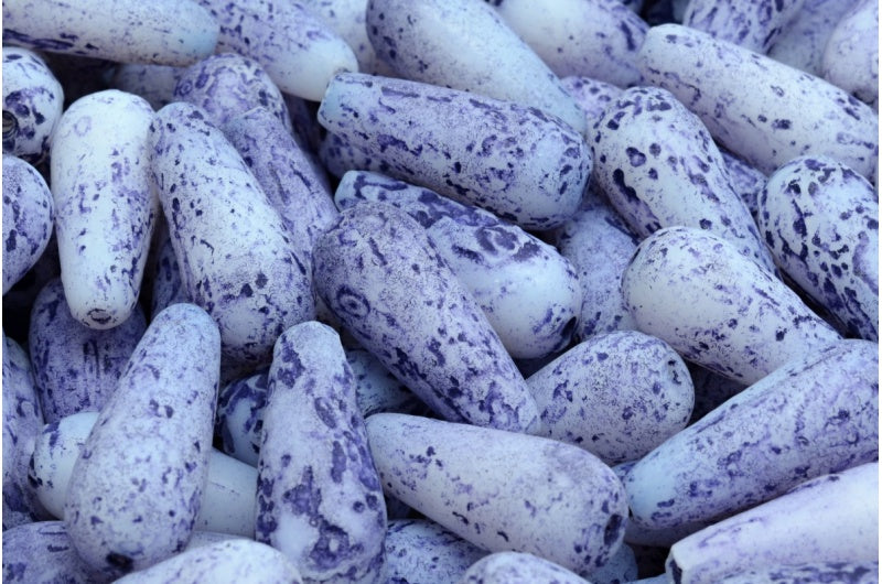 ドロップビーズ、ホワイトエッチングブルーライン(02010-ETCH-54325)、ガラス、チェコ共和国