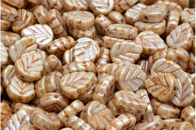 Mint Leaf Beads, White Cream Luster Spotted (02010-65321), Glass, Czech Republic