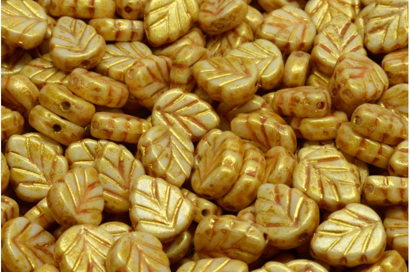 ミントリーフビーズ、ホワイトゴールド光沢スポット(02010-65322)、ガラス、チェコ共和国