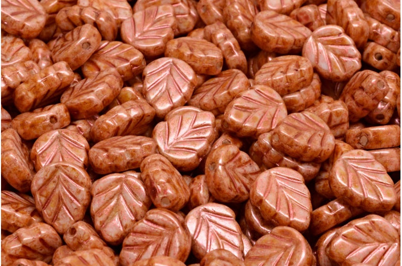 OUTLET 10 grams Mint Leaf Beads, White Copper Luster Spotted (02010-65324), Glass, Czech Republic