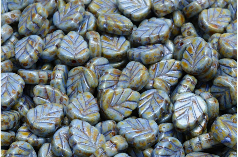 Mint Leaf Beads, White Green Luster Spotted (02010-65325), Glass, Czech Republic