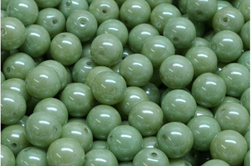 Round Druck Beads, White Luster Green Full Coated (02010-14457), Glass, Czech Republic