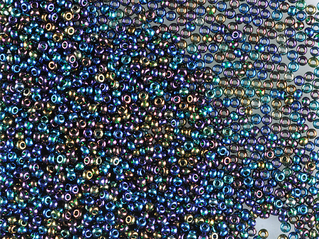 1 kg Preciosa Ornela Seed Beads Coated, Round Hole, Mat, Loose, Transp. Dark Green, Rainbow (51150), Glass, Czech Republic, OUTLET