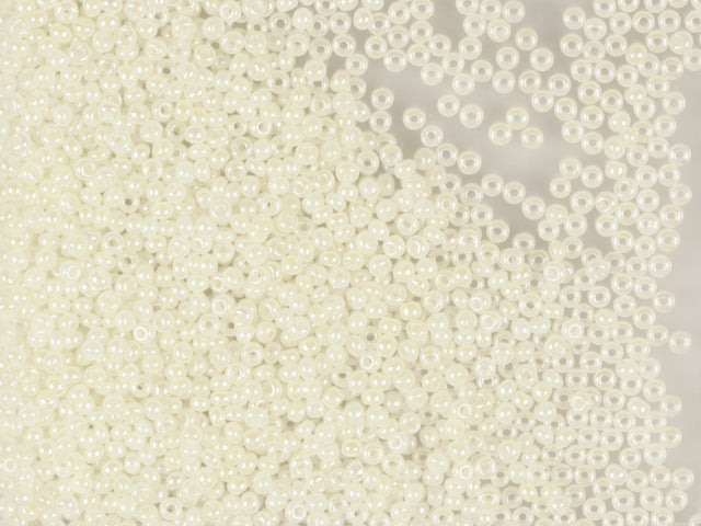 Wholesale (1kg / 500g) Preciosa Ornela Seed Beads Coated, Round Hole, Loose, Alabaster White, Rainbow, Lustered (57206), Glass, Czech Republic, OUTLET