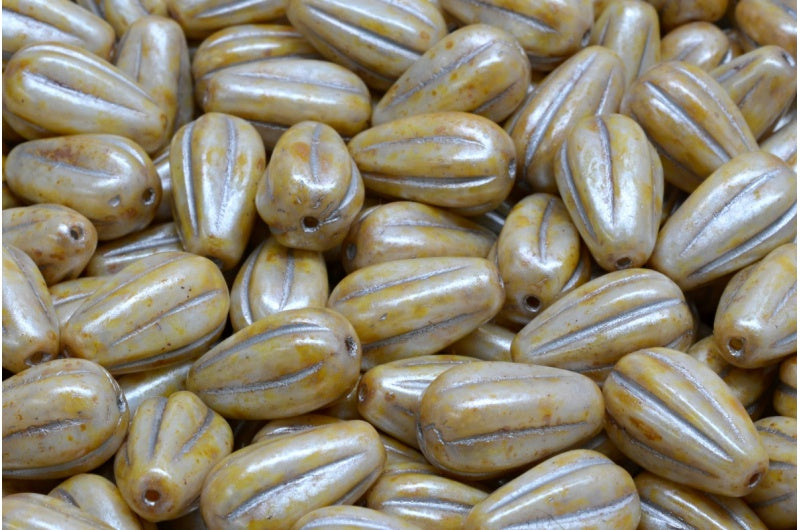 ドロップメロンビーズ、ホワイトクリームラスタースポットシルバーライン(02010-65321-54301)、ガラス、チェコ共和国