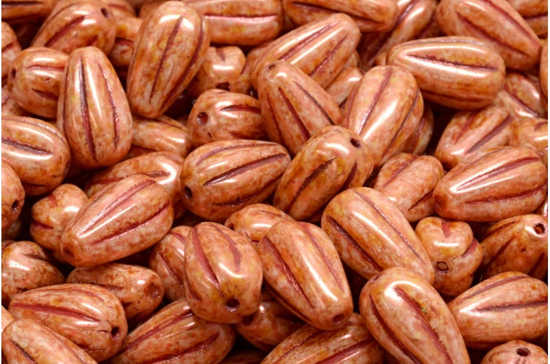 Drop Melon Beads, White Copper Luster Spotted Red Lined (02010-65324-54310), Glass, Czech Republic