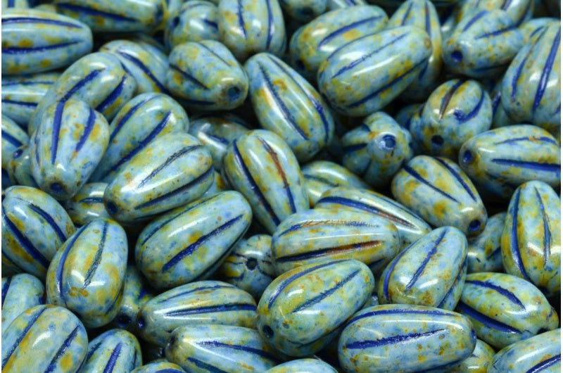 ドロップメロンビーズ、ホワイトグリーンラスタースポットブルーライン(02010-65325-54309)、ガラス、チェコ共和国