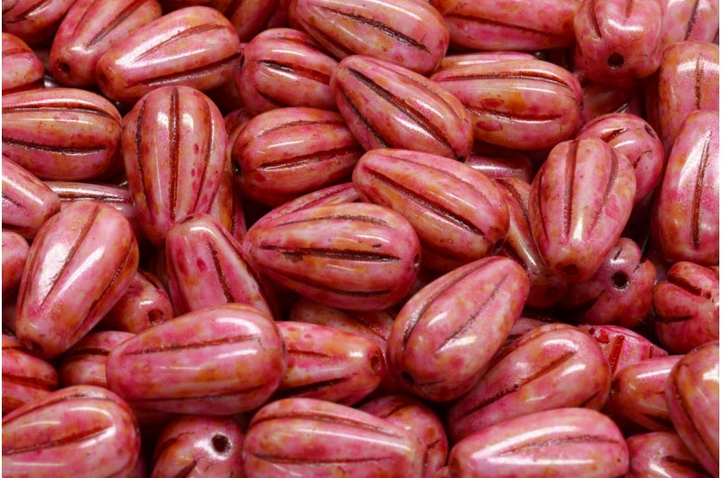 ドロップメロンビーズ、ホワイトローズラスター、スポットレッドライン(02010-65327-54314)、ガラス、チェコ共和国