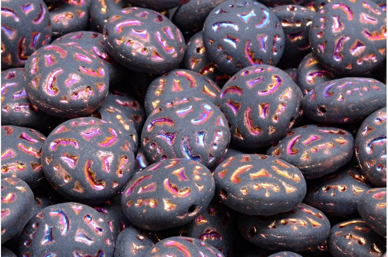 Lentil Beads with Ornaments, Black Sliperit Full (2X Side) Matte (23980-29503-84100), Glass, Czech Republic