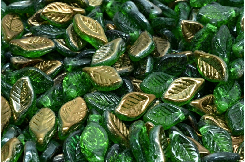 OUTLET 10 grams Bay Leaf Beads, 6 x 12 mm, Emerald Green Crystal Bronze Capri (50120-22601), Glass, Czech Republic