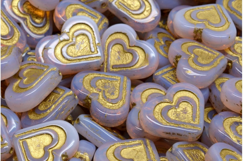 Heart In Heart Beads, Opal Pink Gold Lined (71010-54302), Glass, Czech Republic