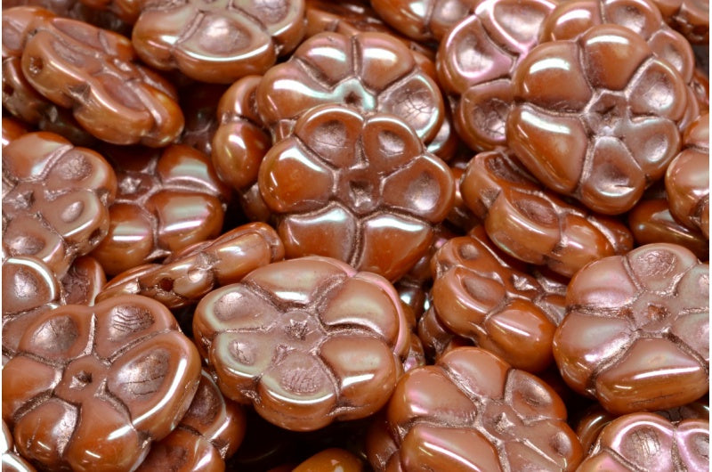 Primrose flower beads, White Full Apricot Copper Lined (02010-29123-54324), Glass, Czech Republic