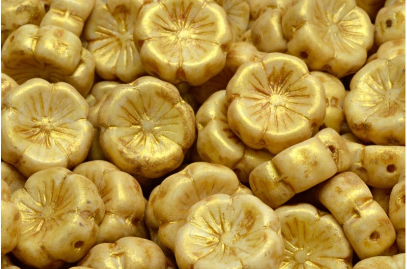 ハワイアンフラワービーズ、ホワイトゴールドラスタースポット(02010-65322)、ガラス、チェコ共和国