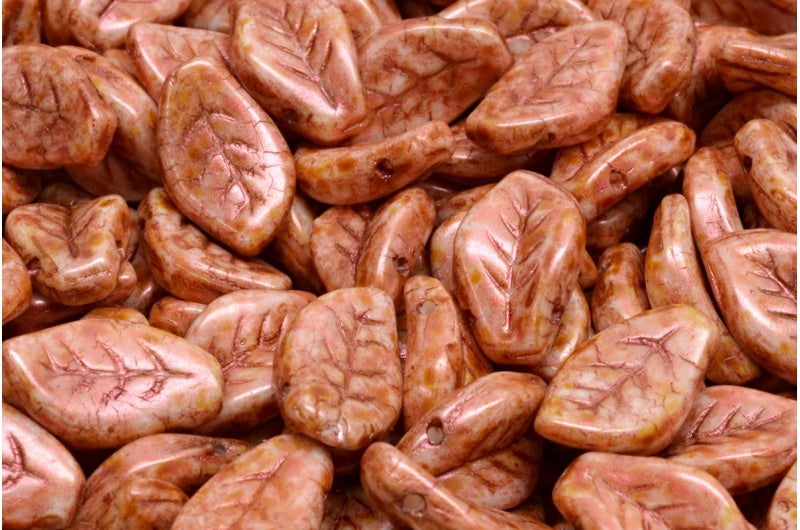 Wavy Leaf Beads, White Copper Luster Spotted (02010-65324), Glass, Czech Republic