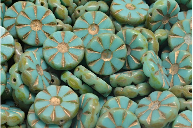 Table Cut Polished Sunflower Beads, Turquise Travertin Gold Lined (63120-86800-54302), Glass, Czech Republic