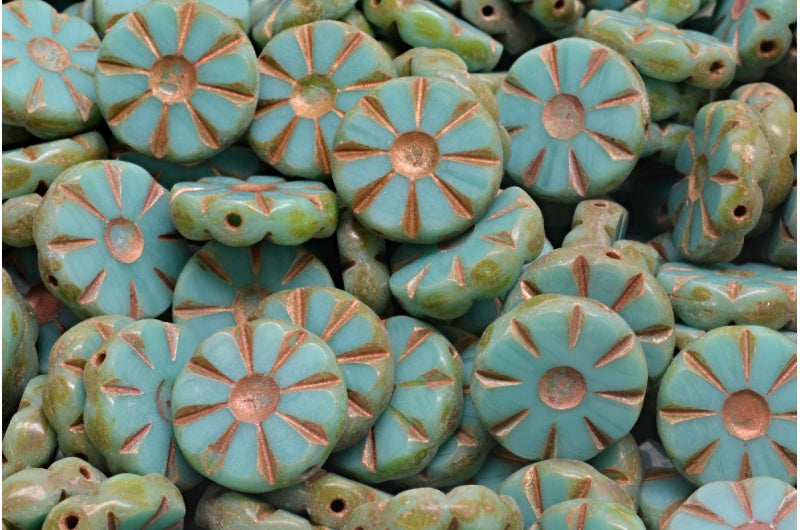 Table Cut Polished Sunflower Beads, Turquise Travertin Copper Lined (63120-86800-54319), Glass, Czech Republic