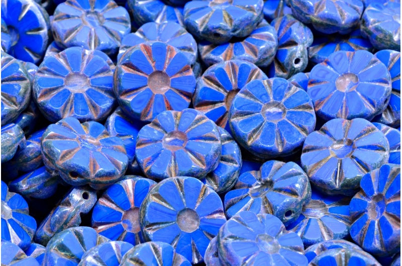 Table Cut Polished Sunflower Beads, Opaque Blue Travertin (33050-86800), Glass, Czech Republic