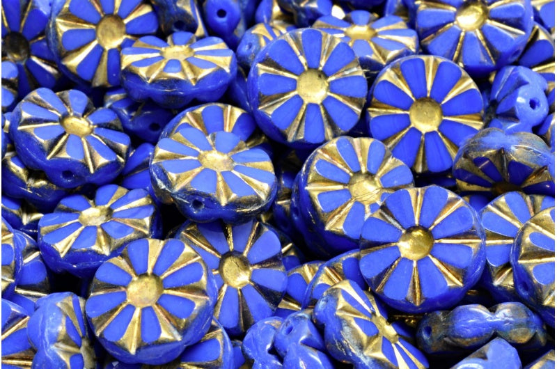 Table Cut Polished Sunflower Beads, Opaque Blue Gold (33050-26443), Glass, Czech Republic