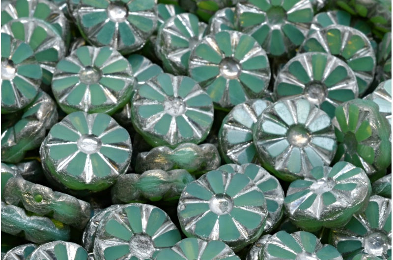 テーブルカット研磨ひまわりビーズ、オパールグリーンシルバー(51111-27000)、ガラス、チェコ共和国