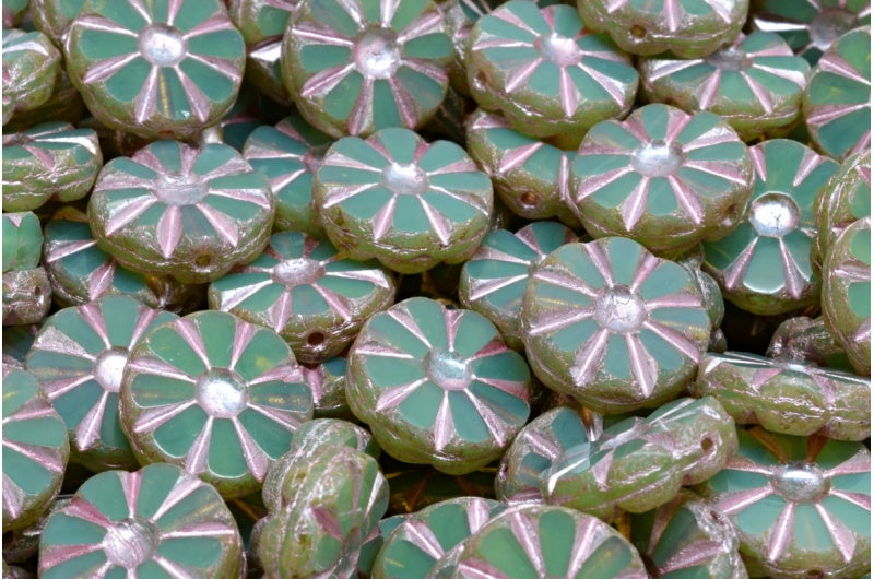 テーブルカットのポリッシュ加工ひまわりビーズ、オパールグリーンのトラバーチンピンクライン(51111-86800-54321)、ガラス、チェコ共和国