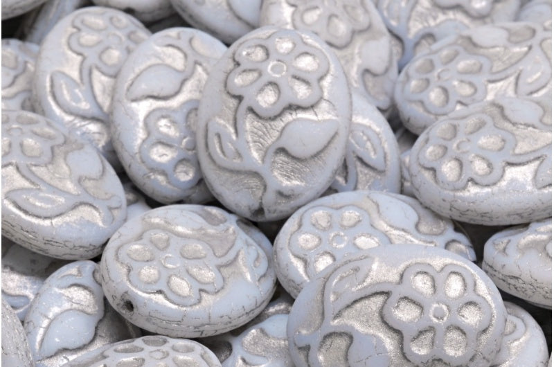 Oval With Flower Beads, White Matte Silver Lined (02010-84100-54301), Glass, Czech Republic