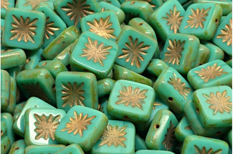Table Cut Square Kiwi Beads, Turquoise Travertin Gold Lined (63130-86800-54302), Glass, Czech Republic