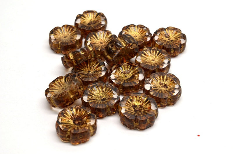 OUTLET 10 grams Table Cut Hawaii Flower Beads, 14 x 14 mm, Crystal Travertin Gold Lined (00030-86800-54302), Glass, Czech Republic