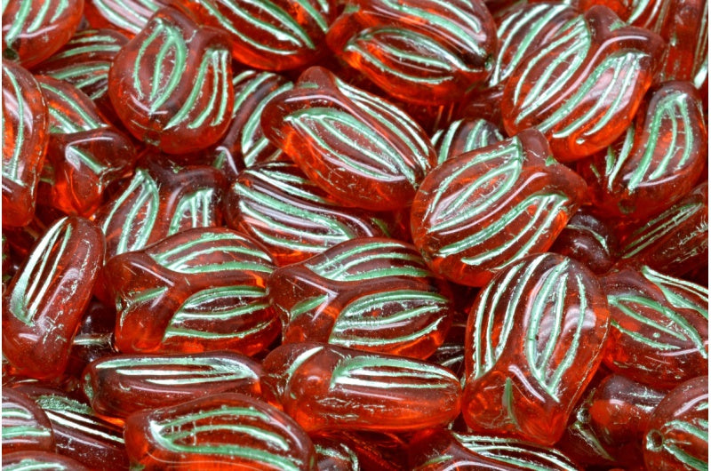 Tulip Beads, Transparent Orange Green Lined (90030-54322), Glass, Czech Republic