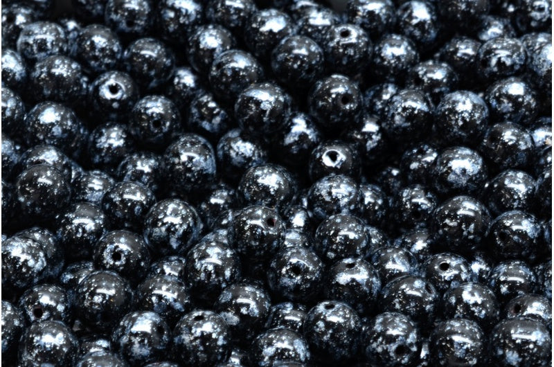 ラウンドドラックビーズ、ブラックシルバースプラッシュ(23980-94400)、ガラス、チェコ共和国
