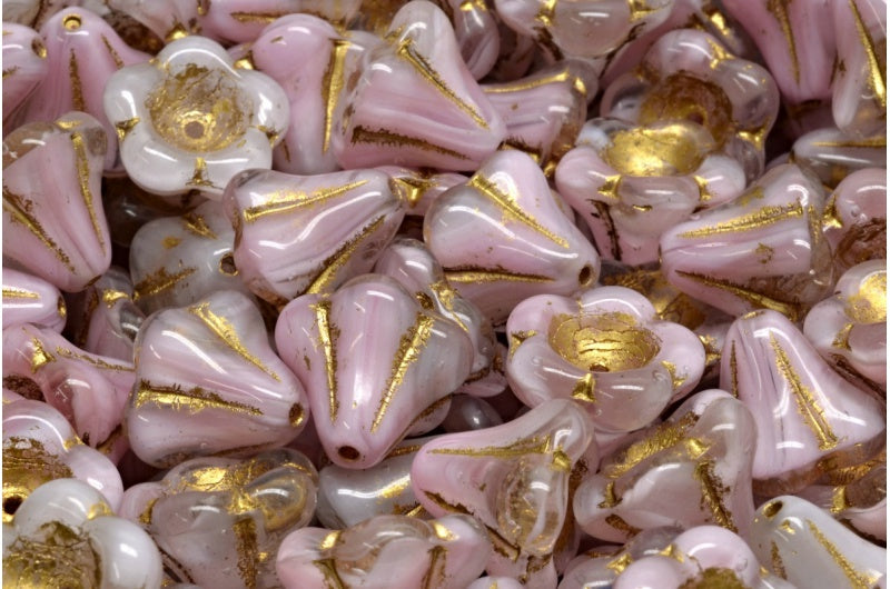 Bell Flower Beads, R0731 Gold Lined (R0731-54302), Glass, Czech Republic