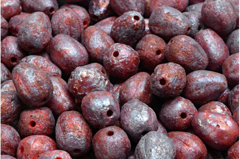 ドロップメロンビーズ、不透明レッドエッチング星雲(93200-ETCH-15001)、ガラス、チェコ共和国