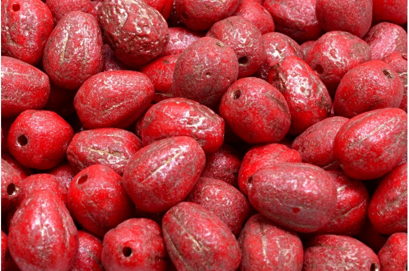 ドロップメロンビーズ、不透明レッドエッチング銅ライニング(93200-ETCH-54324)、ガラス、チェコ共和国