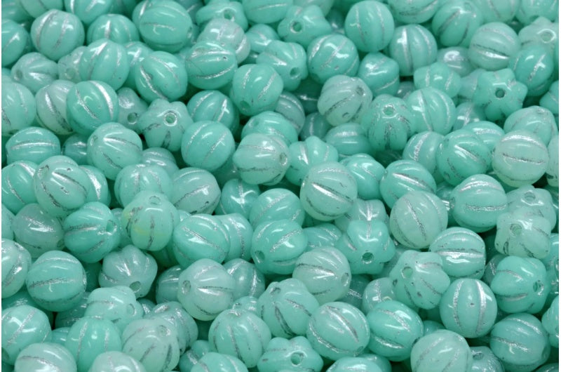Melon Beads, White Teal Silver Lined (R2613-54301), Glass, Czech Republic