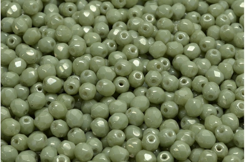 ファセットラウンドファイアポリッシュビーズ、チョークホワイトラスターグリーンフルコーティング(03000-14457)、ガラス、チェコ共和国