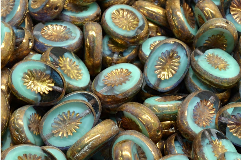 台面切割猕猴桃珠,铜衬透明海蓝色黄铜(54200-60000-90215),玻璃,捷克共和国