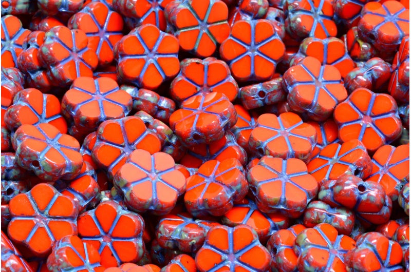 テーブルカットガーランドフラワービーズ、ディープオレンジトラバーチンブルーライン(93140-86800-54325)、ガラス、チェコ共和国