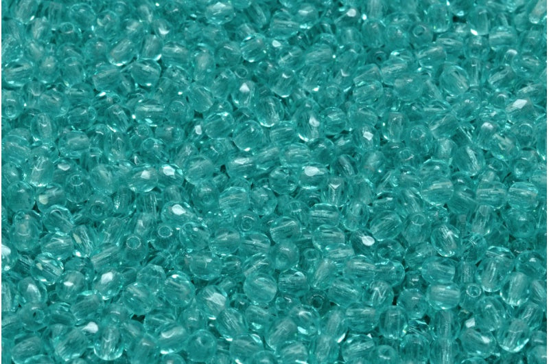 多面圆形火抛光珠,透明海蓝色 (60110),玻璃,捷克共和国