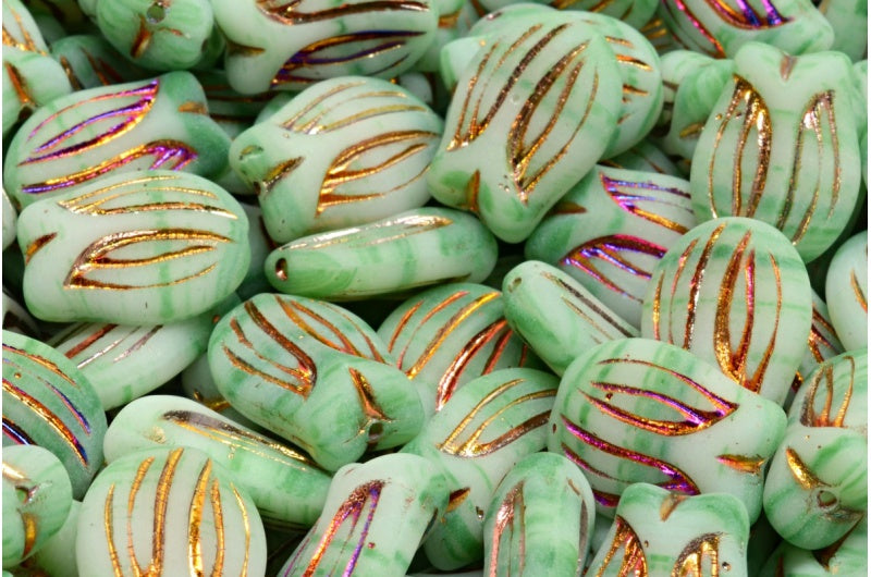 アウトレット 10グラム ミニチューリップビーズ、16 x 11 mm、ホワイトグリーンスリペリットフル(2Xサイド)マット(R2542-29503-84100)、ガラス、チェコ共和国