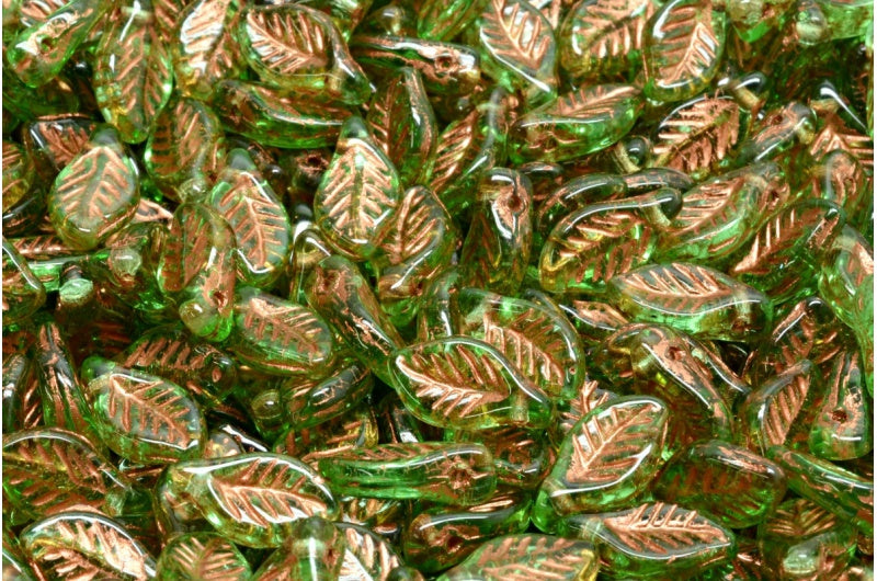 Bay Leaf Beads, Transparent Green Copper Lined (50520-54319), Glass, Czech Republic