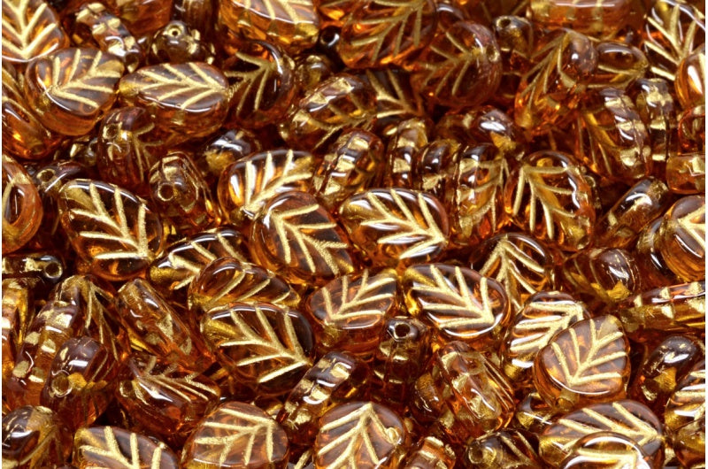 アウトレット 10グラム ミントリーフビーズ、10 x 8 mm、トパーズゴールドライン(10070-54302)、ガラス、チェコ共和国