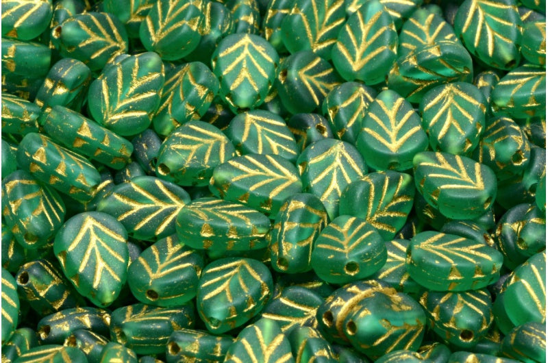OUTLET 10 grams Mint Leaf Beads, 10 x 8 mm, Transparent Green Emerald Matte Gold Lined (50720-84100-54302), Glass, Czech Republic